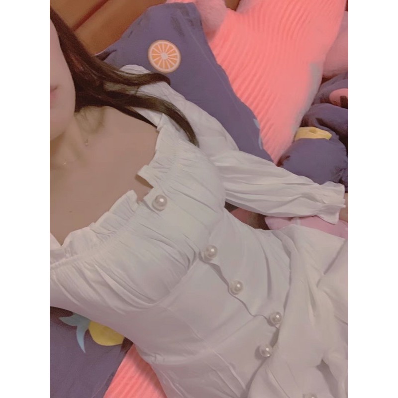 Váy trắng cổ vuông tay dài loe cúc ngọc dáng dài vintage [Ảnh thật 3-9] | BigBuy360 - bigbuy360.vn