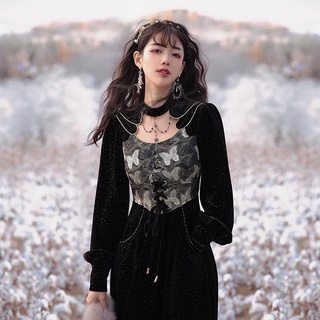 Đầm midi nhung đen dài tay phong cách retro nữ tính