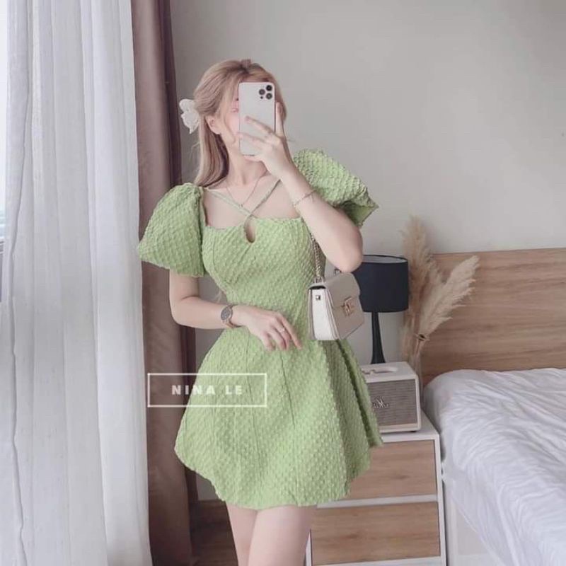 Váy trắng tiểu thư dự tiệc dây chéo siêu xinh-Hàng cao cấp loại 1-Váy xanh bơ dự tiệc che bụng tôn dáng