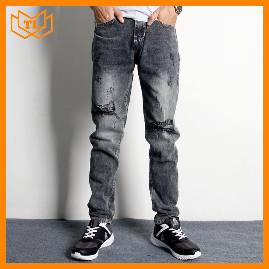Quần jeans nam ống suông màu xám cào rách TL514