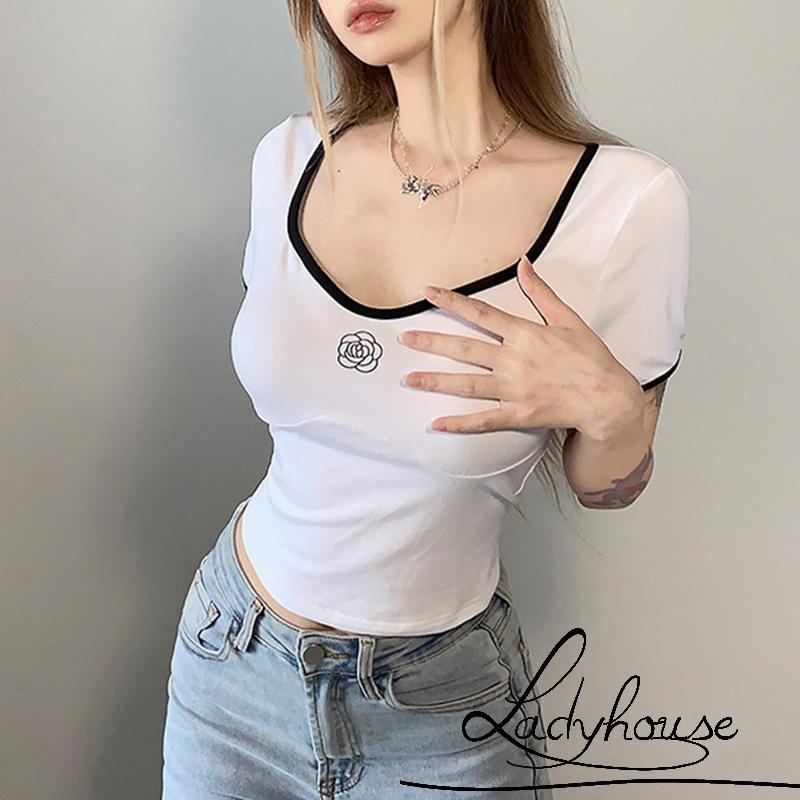 Áo Thun Tay Ngắn Cổ Chữ V In Họa Tiết Hoa Màu Sắc Tương Phản Co Giãn Thời Trang Mùa Hè Cho Nữ