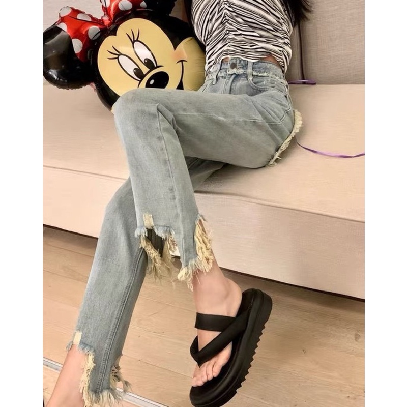Quần Jean Rách Lưng Cao Ống Đứng Thời Trang Cho Nữ