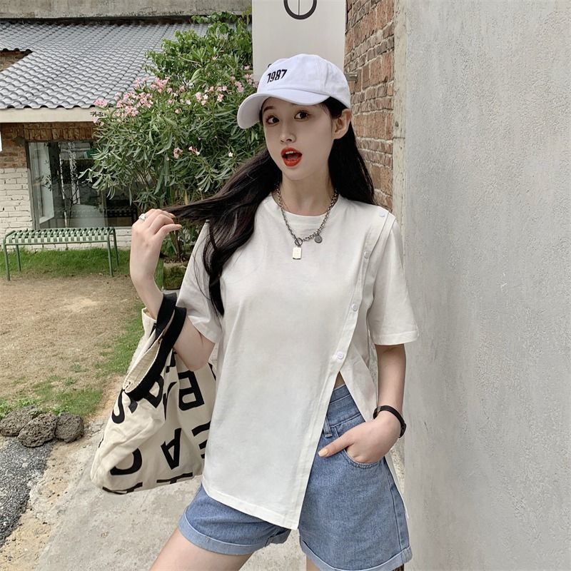 Áo Thun Tay Ngắn Xẻ Tà Thời Trang Dành Cho Nữ