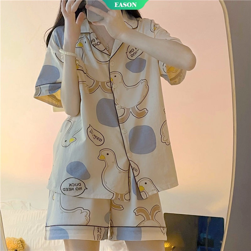 Bộ Đồ Ngủ Tay Ngắn Dáng Rộng In Họa Tiết Hoạt Hình Chú Vịt Dễ Thương Thời Trang Mùa Hè Xinh Xắn Cho Nữ