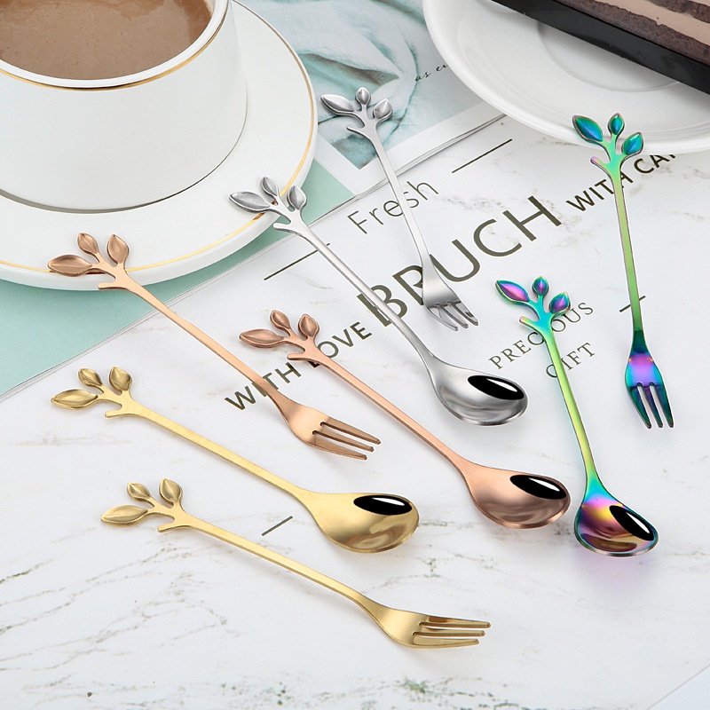 Muỗng Trà Cà Phê Lá Sáng Tạo, Thép Không Gỉ Nĩa Ăn Trái Cây Tráng Miệng Khuấy Thực Phẩm Picks, Nĩa Vàng Cổ Điển Phụ Kiện Nhà Bếp