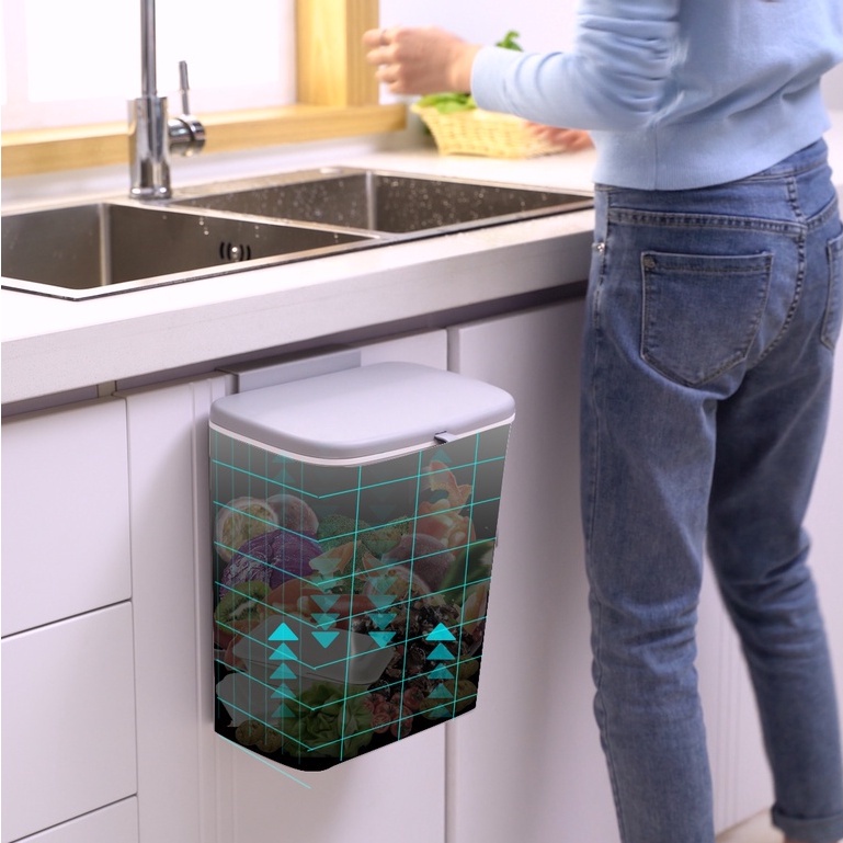 Thùng rác treo tủ bếp dán tường nhà bếp có nắp đậy thông minh dung tích 10 lít