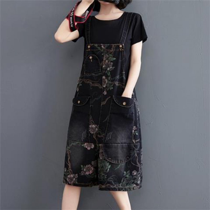 Quần Yếm Denim Dáng Rộng Phối Túi In Họa Tiết Thời Trang Cho Nữ