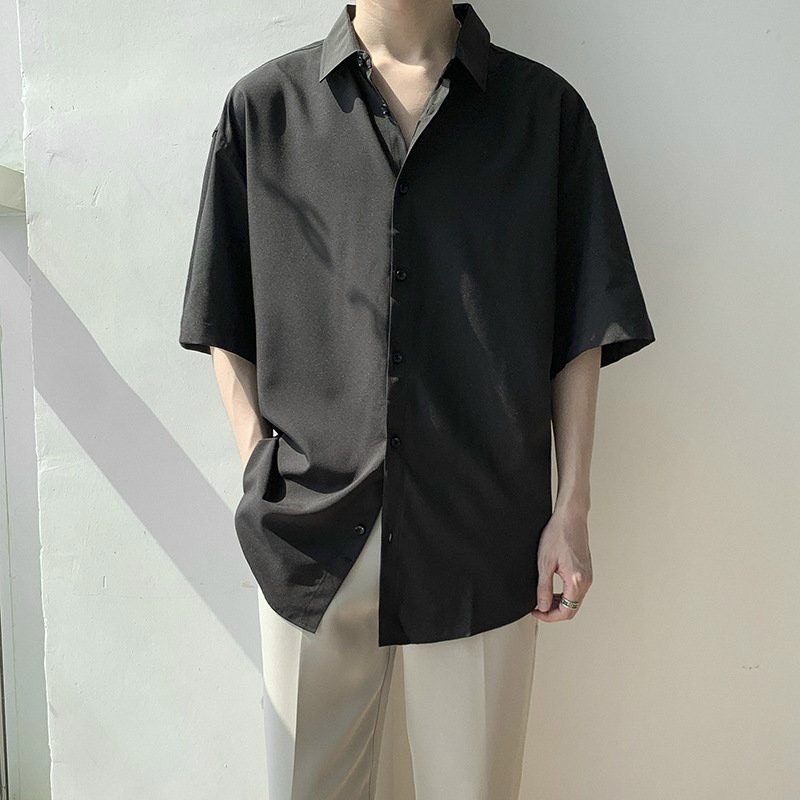 Áo sơ mi nam nữ đều mặc được kiểu tay lỡ form rộng Unisex in hình mẫu trơn 3 màu đen trắng xanh siêu hot