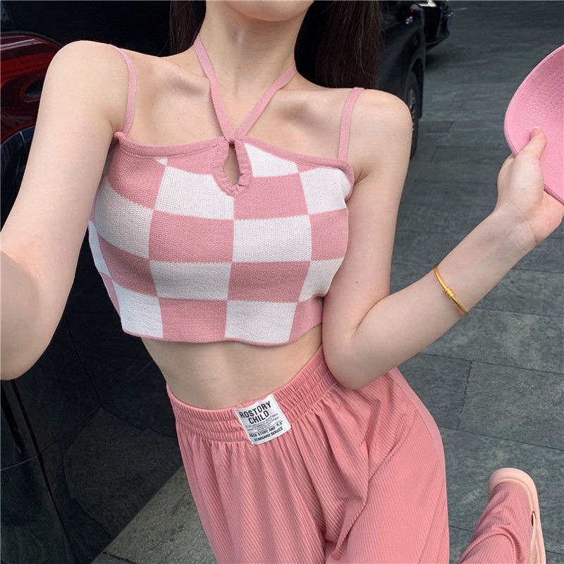Áo Hai Dây Dệt Kim Kẻ Sọc Kim Cương Retro Mùa Hè Cho Nữ