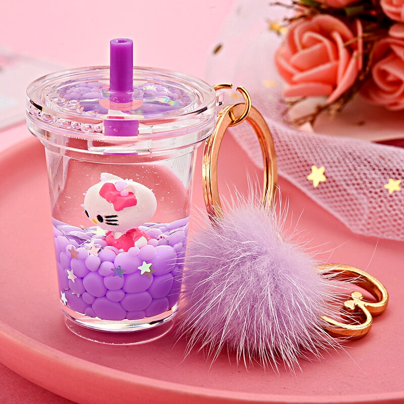 Móc chìa khóa ly trà sữa hellokitty chuyển động, móc chìa khóa ô tô, xe máy cute