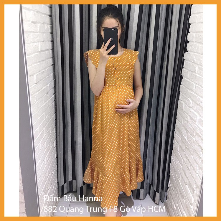 [HANNA] Đầm bầu cho bé bú mặc bầu và sau sinh cởi nút cho bé bú tiện lợi dáng dài qua gối có size 80kg vải lụa 1 lớp mát