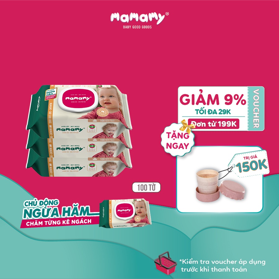 Khăn ướt Mamamy an toàn cho bé - Combo 3 gói có nắp 100 tờ/gói