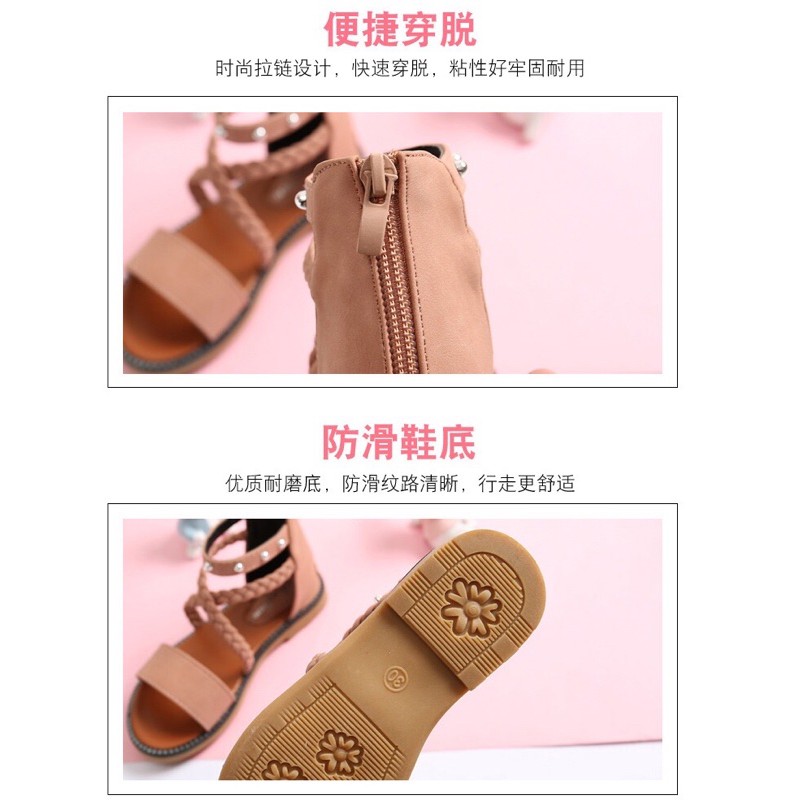 Dép quai hậu bé gái khóa kéo quai chéo dễ thương từ 3-18 tuổi màu Đen - Hồng phấn Dép trẻ em size 27-37