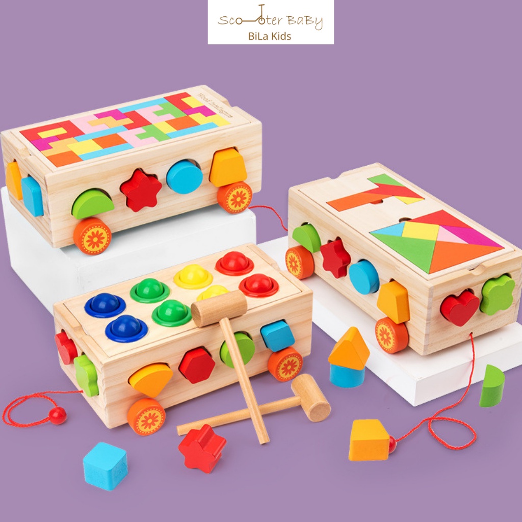 Đồ chơi xe thả hình khối bằng gỗ cho bé - Đồ chơi montessori cho bé