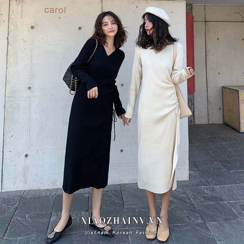 Xiaozhainv Đầm Maxi Dệt Kim Tay Dài Cổ Chữ V Xẻ Tà Thời Trang Hàn Quốc Cho Nữ