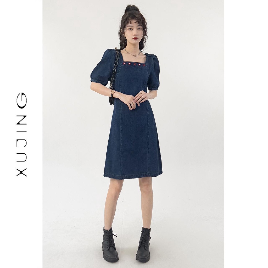 Đầm Denim Dáng Chữ a Tay Ngắn Phong Cách Pháp Thiết Kế Mới Cao Cấp Thời Trang Mùa Hè Cho Nữ