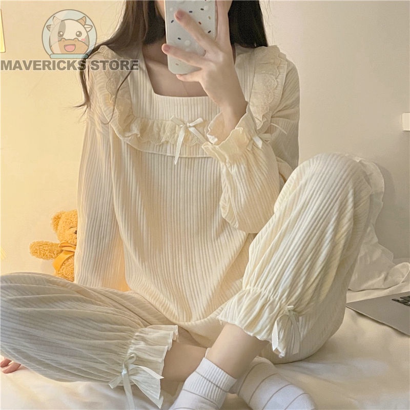Bộ Đồ Ngủ Tay Dài Phối Ren Màu Tím Dễ Thương Phong Cách Hàn Quốc Thời Trang Mùa Thu Cho Nữ