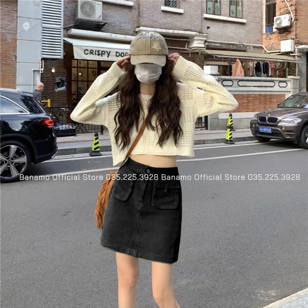 Chân váy jean Thời Trang Banamo Fashion váy jean lưng Cao Dáng A 2 túi nắp 5610