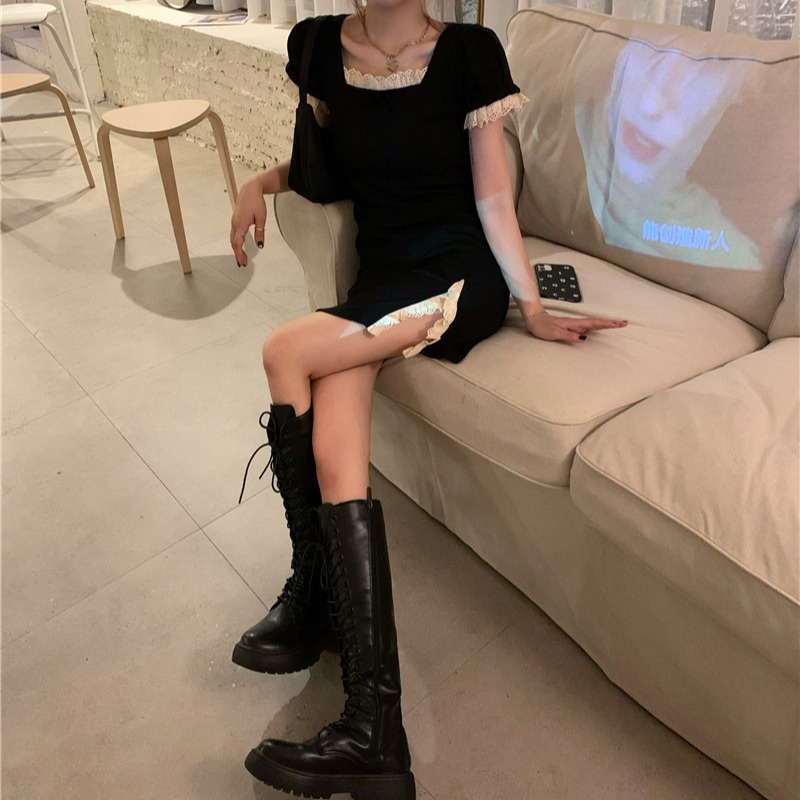 Đầm cổ vuông phối ren phong cách Pháp thời trang