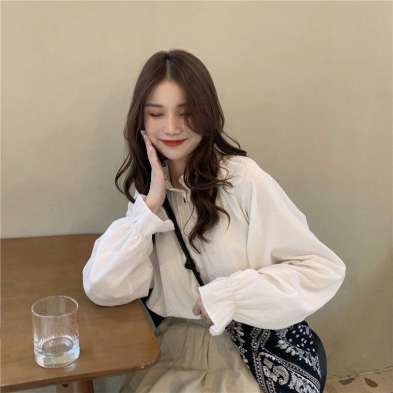 Áo sơ mi trắng nữ tay phồng phối ren_A481 nội y xanh chất đẹp giá tốt