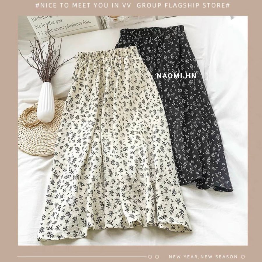 Chân váy hoa nhí dáng dài phong cách vintage chân váy dáng dài hoa nhí siêu đẹp hot trend màu đen trắng HOTHIT.