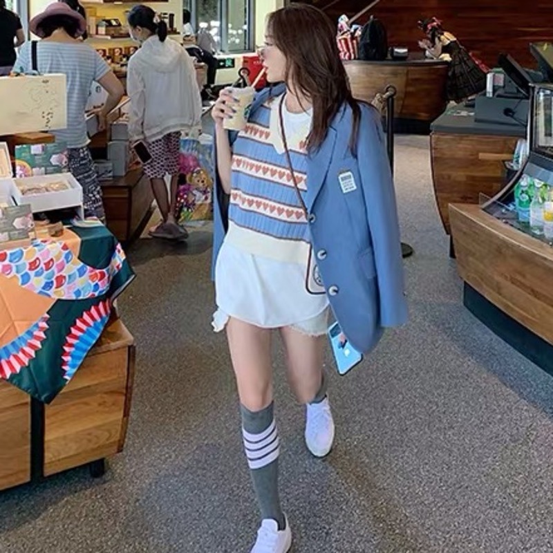 Áo Dệt Kim Không Tay Cổ Chữ V Phong Cách Harajuku Cổ Điển