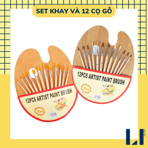 Set khay đựng màu và bộ 12 cọ vẽ bằng gỗ chuyên dụng vẽ tranh màu nước, acrylic, gouache, sơn dầu,..