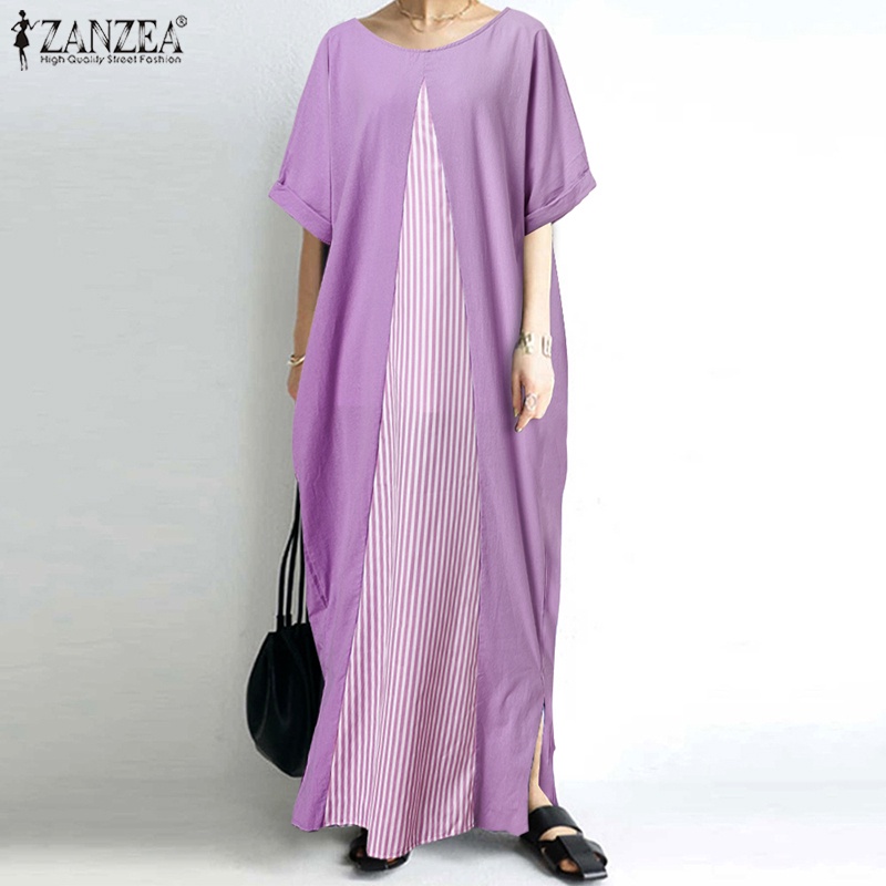 Đầm maxi Zanzea bằng cotton tay ngắn cổ tròn in họa tiết kẻ sọc thời trang Hàn Quốc sành điệu cho nữ
