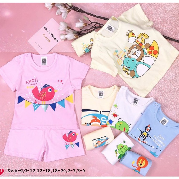 Bộ Quần Áo Cộc Tay Cài Vai Cotton In Hoạ Tiết Con Vật Cho Bé Trai, Bé Gái