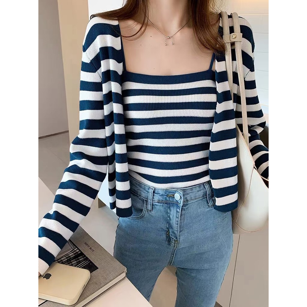 Áo Dệt Kim Hai Dây Màu Sắc Tươi Sáng Kẻ Sọc Dễ Phối Đồ