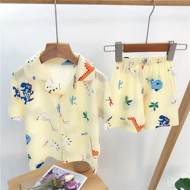 Bộ Đồ Ngủ Pijama Gồm 2 Món Áo Tay Ngắn + Quần Short Vải Cotton Cho Bé