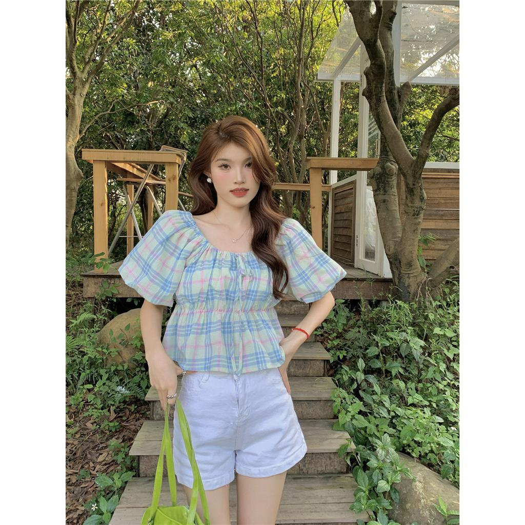 Áo Kiểu Cổ Vuông Tay Phồng Họa Tiết Sọc Caro Phong Cách Hàn Quốc Thời Trang Cho Nữ