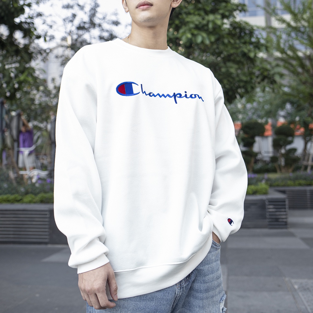 Áo Tay Dài Sweater Thêu Logo Champion Chữ To Có Chất Liệu NỈ Bông Cotton Màu Trắng