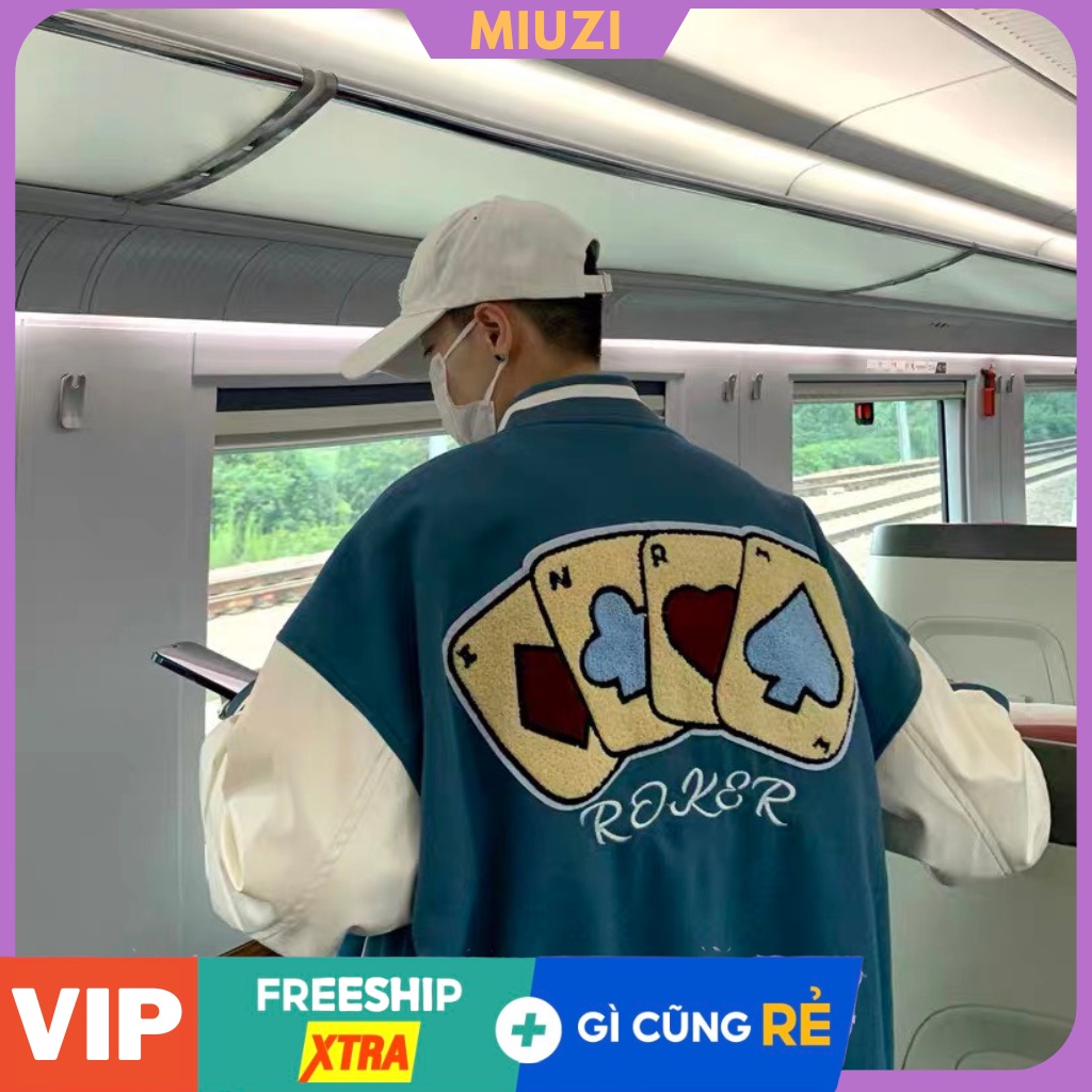 (Hàng sẵn)Áo varsity nam nữ họa tiết poker thêu xù vải dạ tay da 2 lớp,áo bomber Miuzi DT131