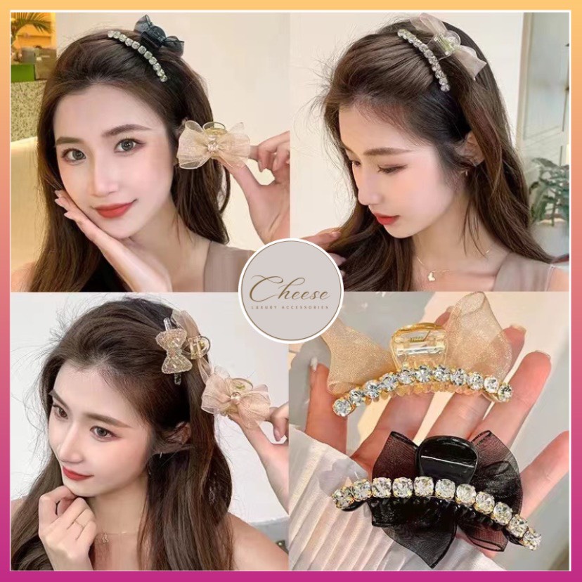 Kẹp Tóc Hình Nơ Đính Đá Lấp Lánh Hai Mặt Phong Cách Hàn Quốc Sành Điệu Mẫu Mới Nhất KTN