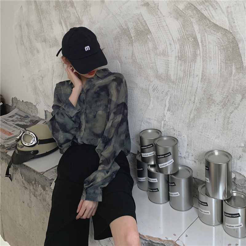 Áo Sơ Mi Tay Dài Dáng Rộng In Họa Tiết Màu Nhuộm Phong Cách Retro Hàn Quốc Thời Trang