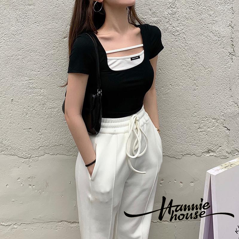 Áo thun tay ngắn cổ chữ U màu sắc trẻ trung cho nữ