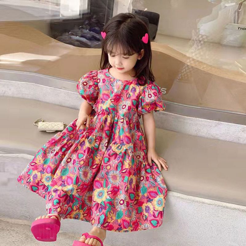 Đầm Hoa Ngắn Tay Cổ Tròn Xinh Xắn Theo Phong Cách Phương Tây Dành Cho Bé Gái