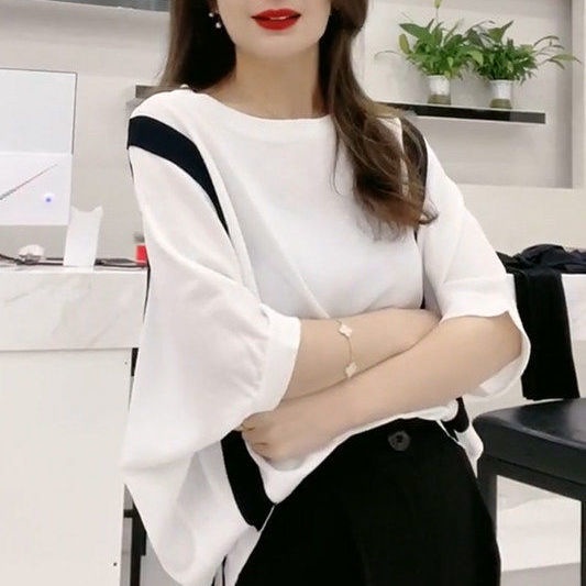 Áo thun cánh dơi dáng rộng họa tiết kẻ sọc màu tương phản thời trang mùa hè phong cách phương Tây cho nữ