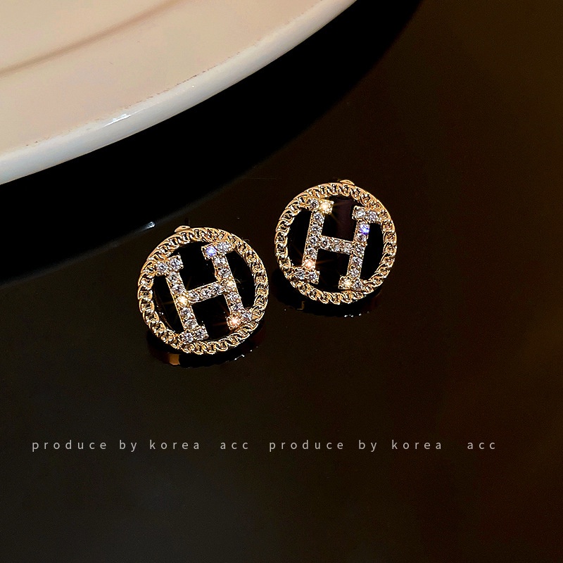 Khuyên tai chốt bạc 925 đính đá zircon nhân tạo mặt hình tròn trang trí hình chữ H thời trang Pháp đơn giản và nhỏ nhắn