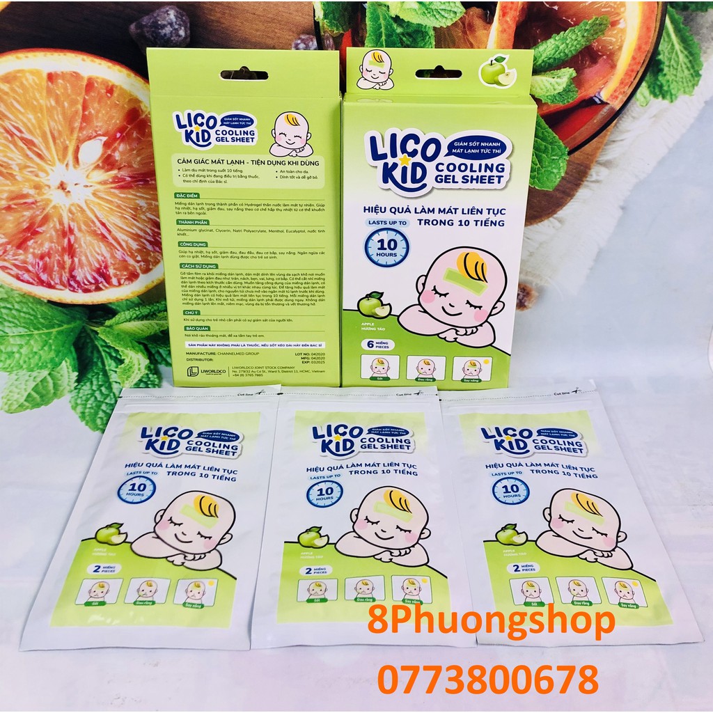 Dán hạ sốt cho bé 6 miếng/ Hộp - Giảm sốt nhanh, Mát lạnh tức thời - Miếng dán hạ sốt Lico Kid