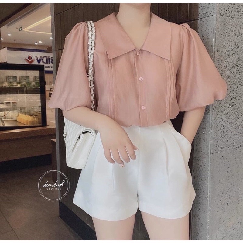Áo sơmi tay bồng 2 màu be và hồng