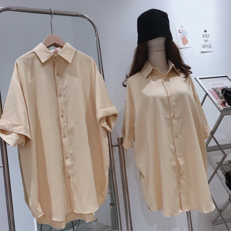 Đầm sơmi suông form rộng tay lỡ giấu quần trắng kem nude nâu (ảnh thật)