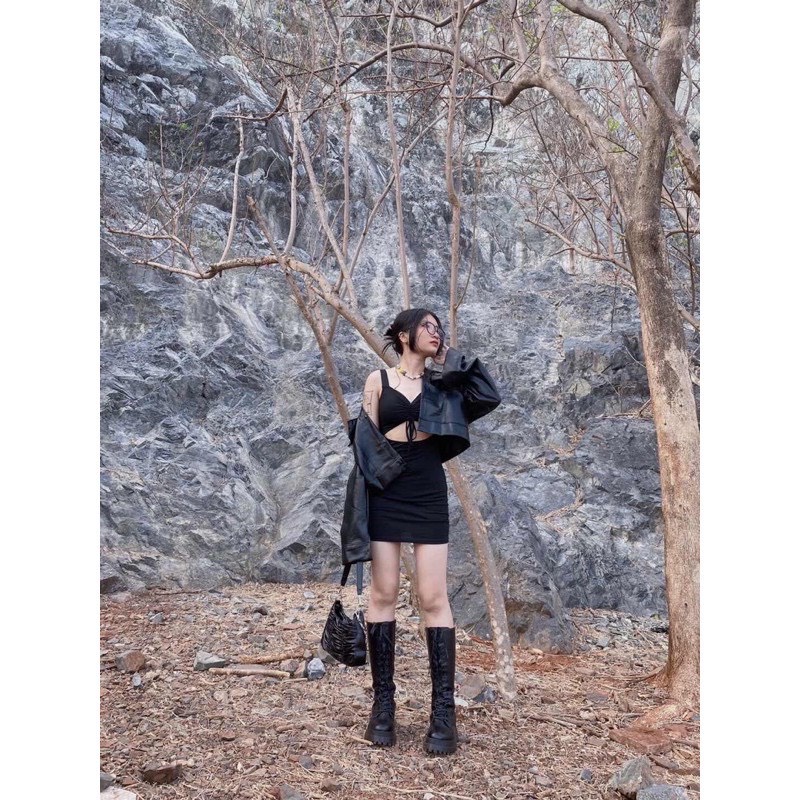 Áo Khoác Da Nữ, Áo Da Mix Túi 2 Bên Dáng Ngắn Siêu Hot Hit