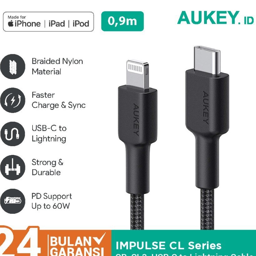 Cáp Sạc Nhanh iPhone 12 Series cổng C to Lightning Aukey CB-CL1 1,2m MFi, Hổ trợ sạc PD 22W, Bện Nylon 2 lớp
