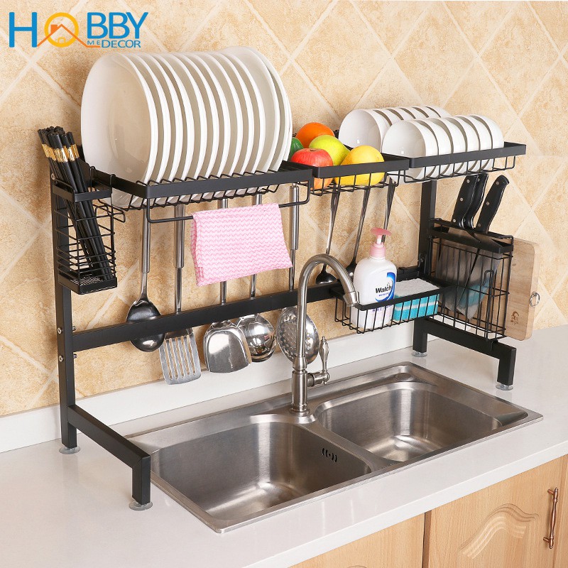 Kệ úp chén bát Inox đa năng - 5 ngăn - loại lớn cao cấp - bề ngang 92cm - có 2 màu sắc HOBBY KSCD