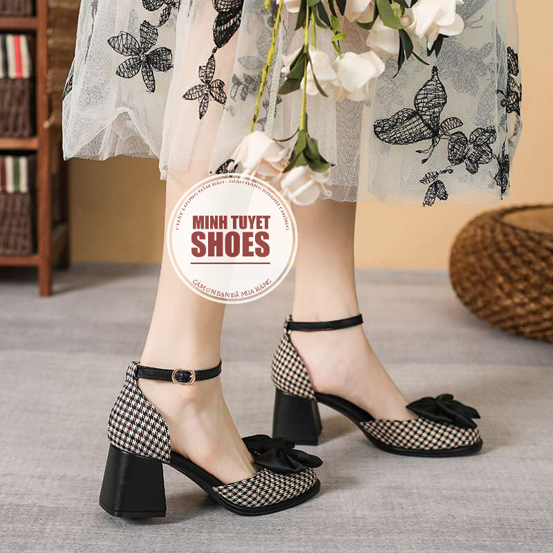 giày cao gót nữ minhtuyetshoes đế vuông 5cm mũi tròn đính nơ lụa xinh xắn phong cách tiểu thư