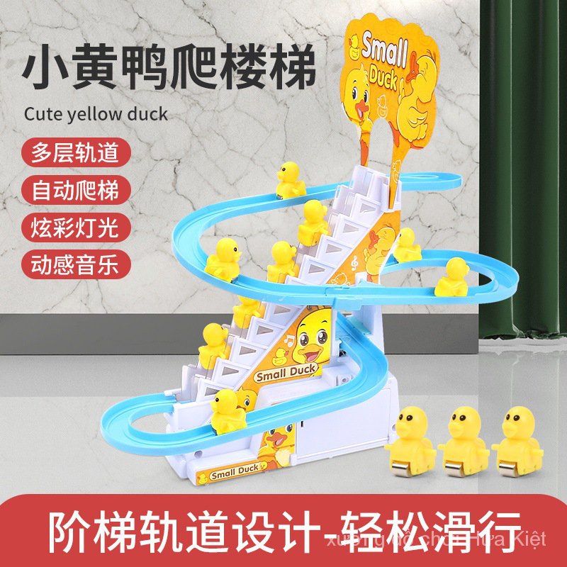 Đồ chơi vịt con leo cầu thang trượt cầu tuột có nhạc và đèn chạy bằng điện dành cho trẻ em