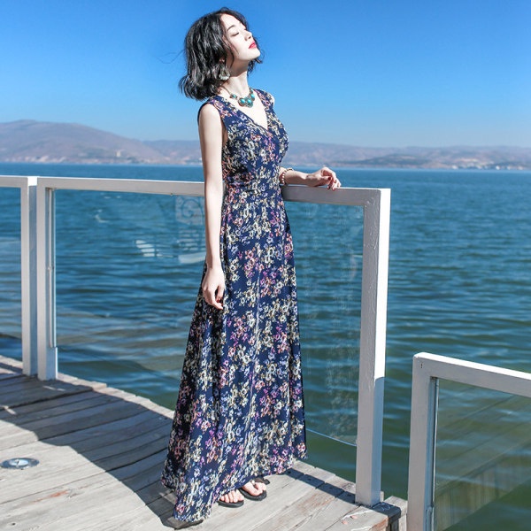 Đầm Chữ A Dáng Rộng Không Tay Cổ Chữ V In Họa Tiết Hoa Phong Cách Bohemian Dành Cho Nữ