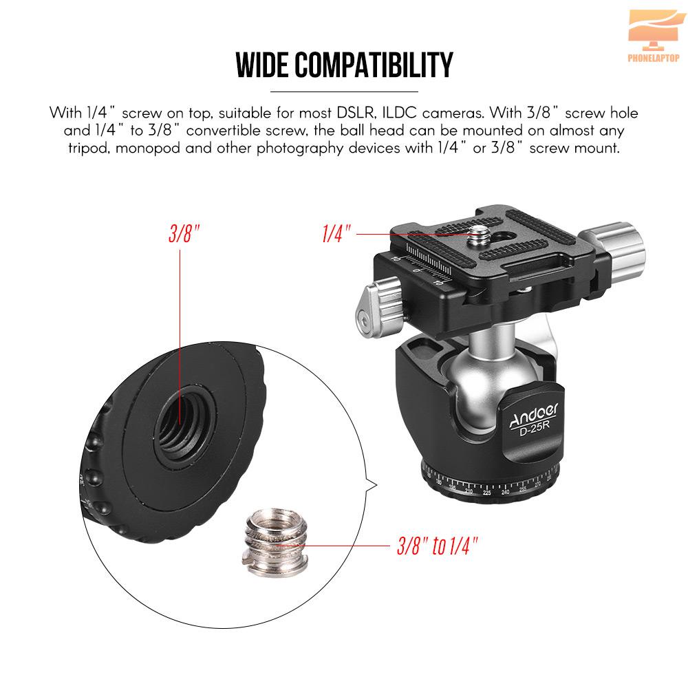 Andoer D-25R  CNC Machining Aluminum Alloy Double Notch Ball Head Mini Ballhead Low Center of Gravity for Manfrotto etc Tripod Monopod for Canon Nikon Sony DSLR ILDC Cameras Max Load Capacity 10kg